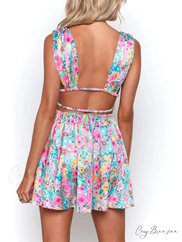 Backless Flower Print Deep V Mini A-Line Dress Blue / S floraldress-250126