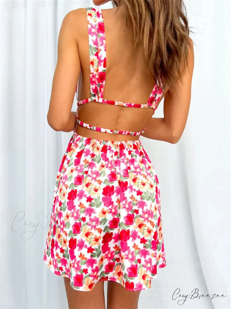 Backless Flower Print Deep V Mini A-Line Dress floraldress-250126