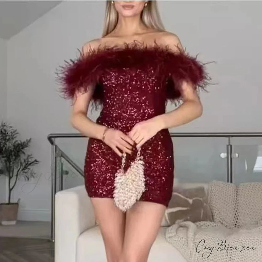 Backless Glitter Feather Slim Party Dress Red / S