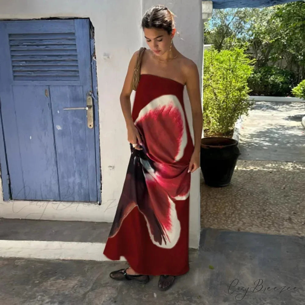 Backless Off-Shoulder Print Floral Dress claret / S