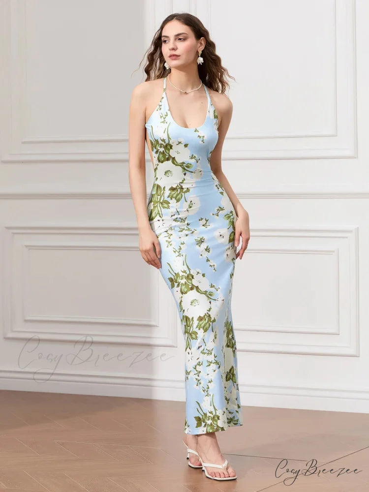 Backless Party Spaghetti Strap U-neck Bodycon Evening Dress BLUE / S floraldress-250126