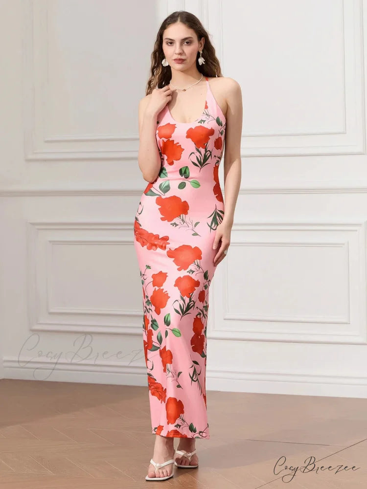 Backless Party Spaghetti Strap U-neck Bodycon Evening Dress floraldress-250126