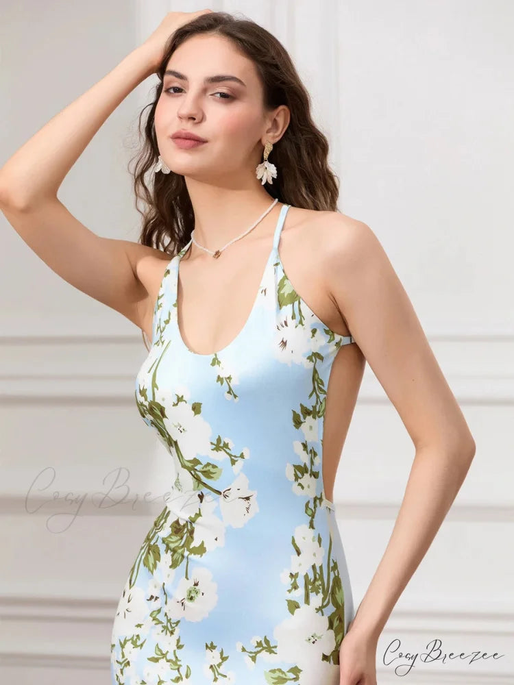 Backless Party Spaghetti Strap U-neck Bodycon Evening Dress floraldress-250126