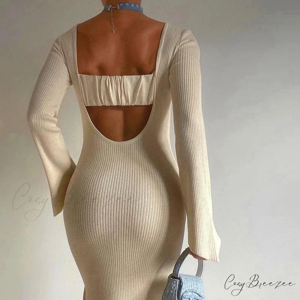 Backless Ribbed Knit Maxi Dress
