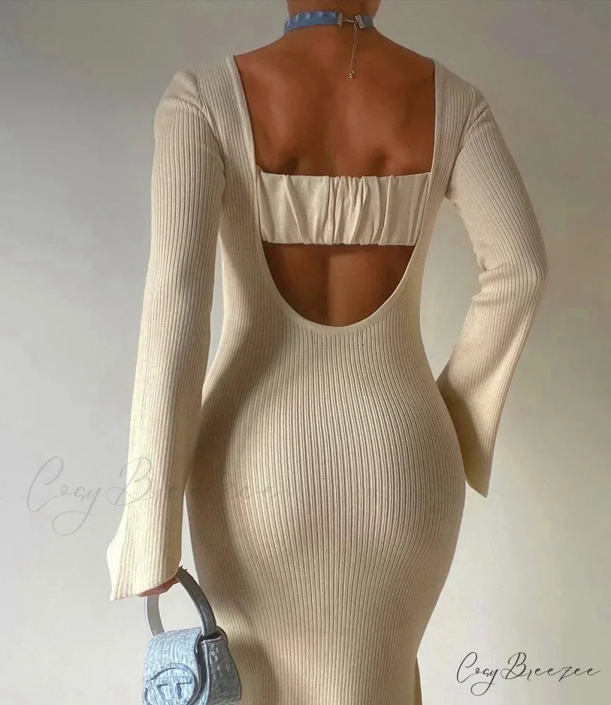 Backless Ribbed Knit Maxi Dress Beige / S