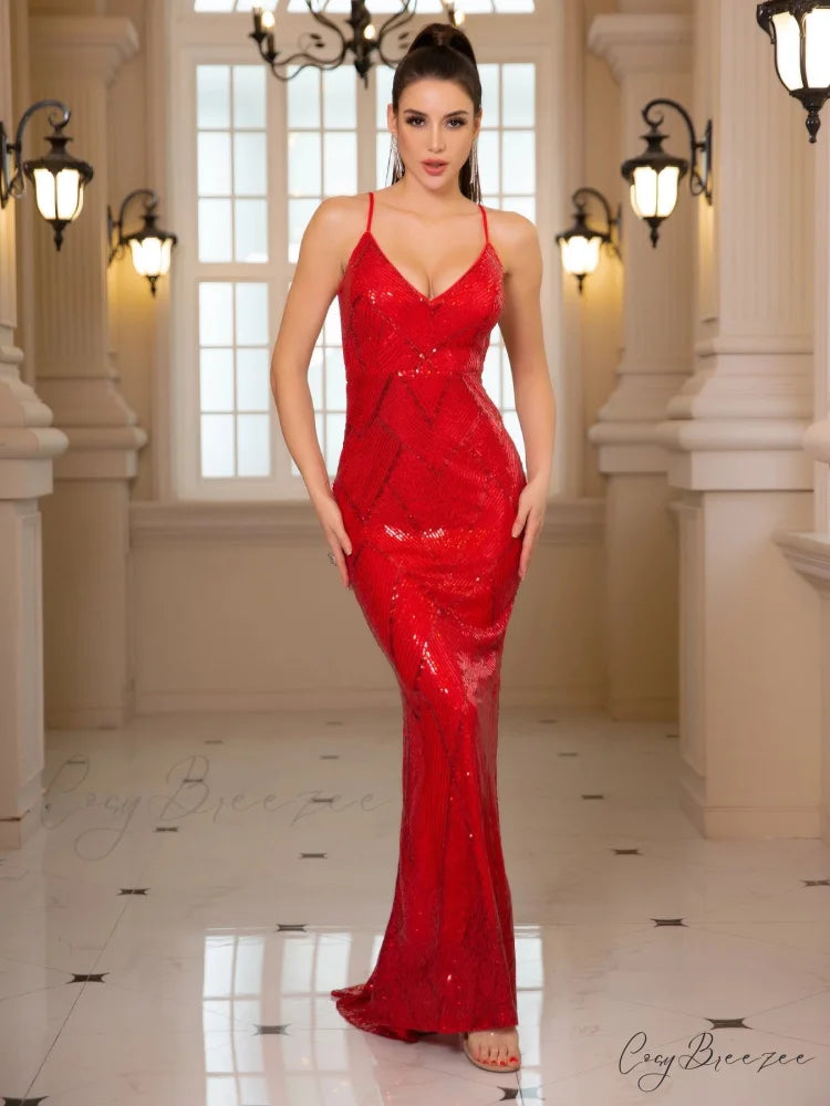 Backless Sequined Mermaid Party Dress Red / XS