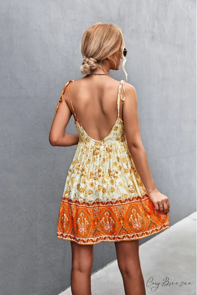 Backless V-Neck Sling Flower Dress M / blue