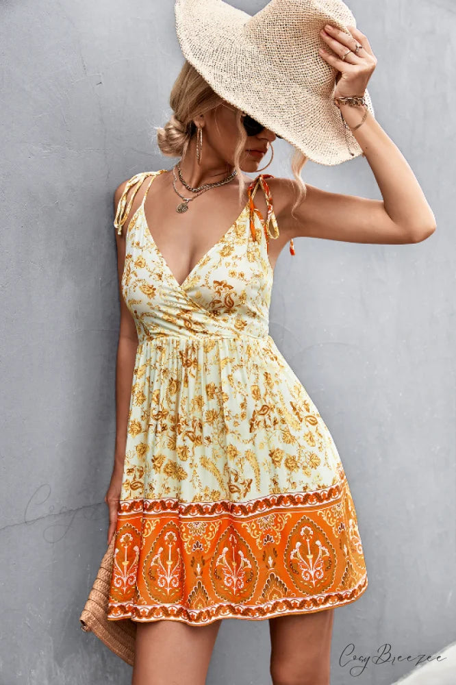 Backless V-Neck Sling Flower Dress M / yellow