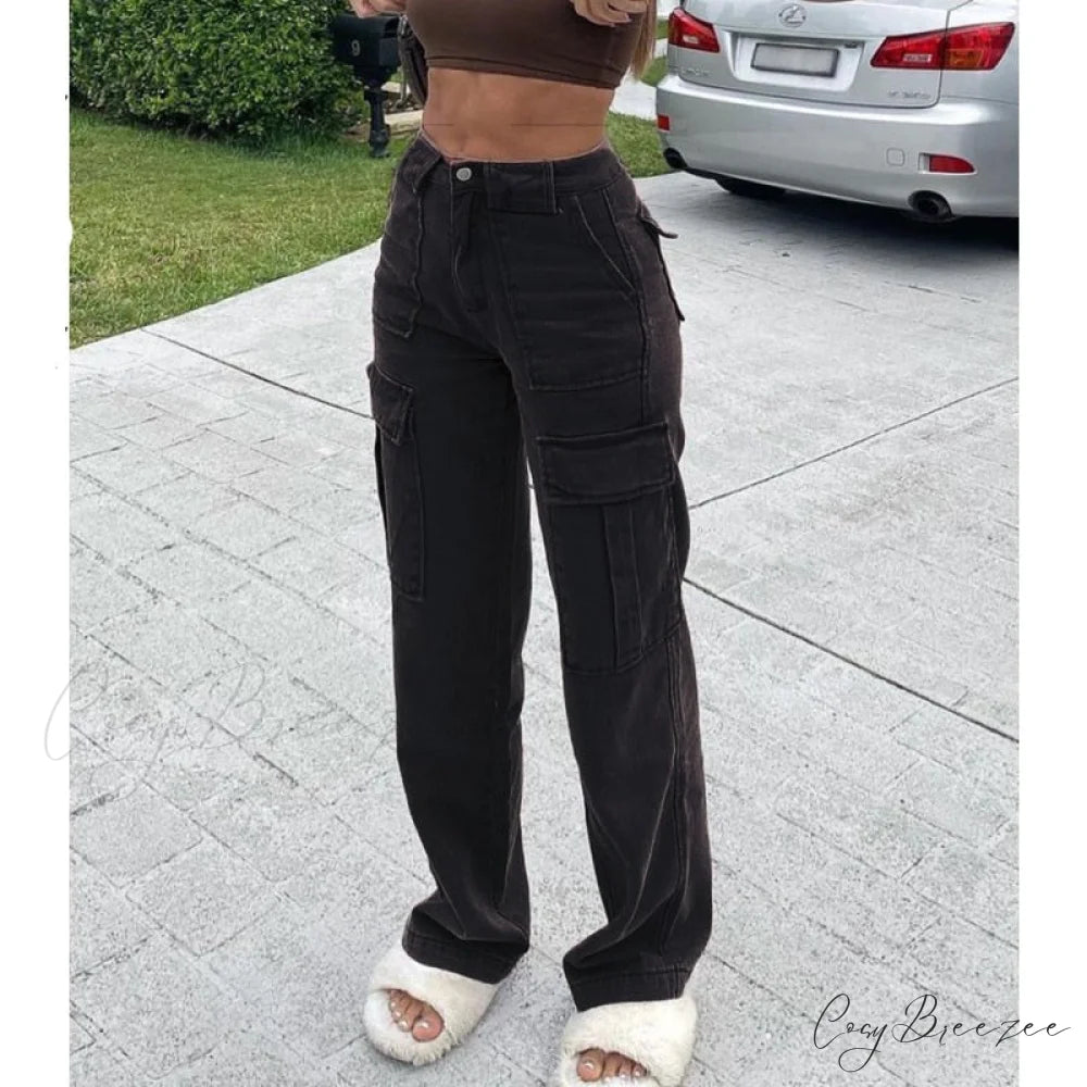 Baggy Jeans 90s Brown Women Vintage Streetwear Black-Pockets / S