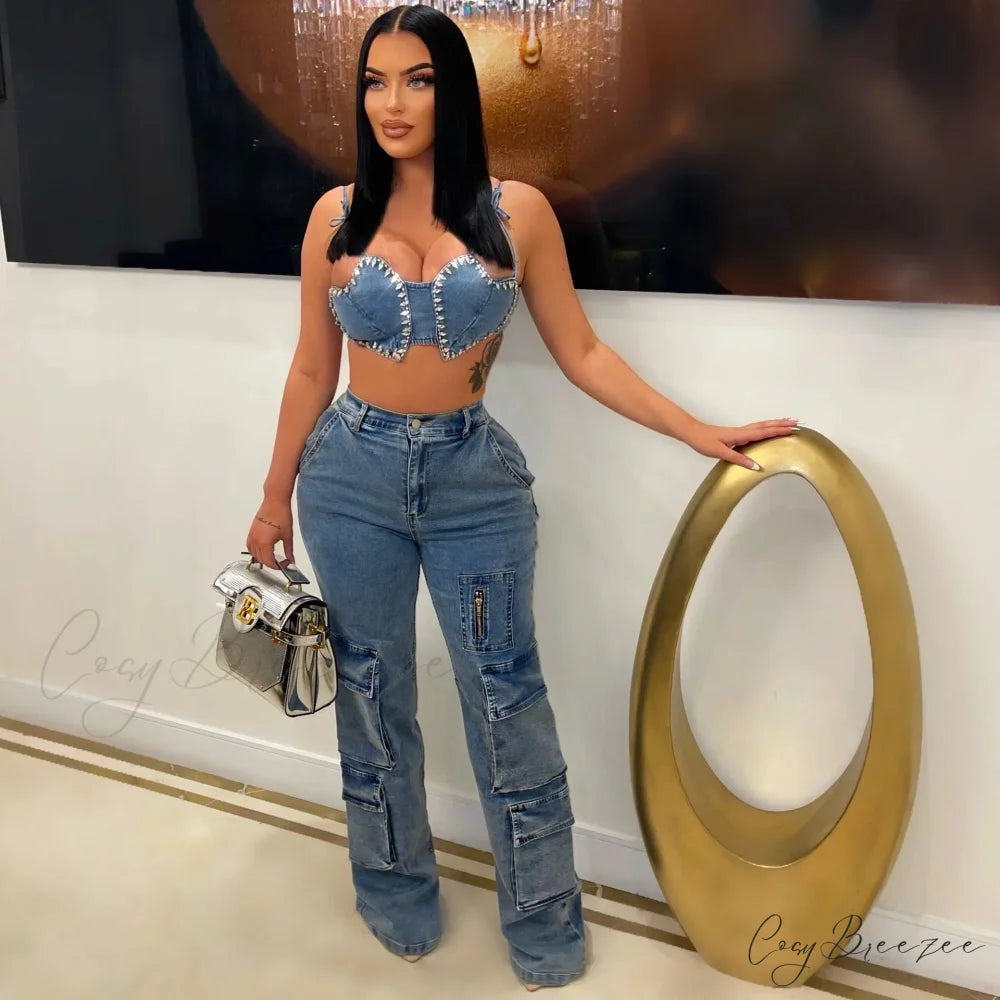 Baggy Pocket Denim Wide Leg High Waist Cargo Y2K Streetwear Fashion Denim 2024 Summer Clothes Jean Blue / S