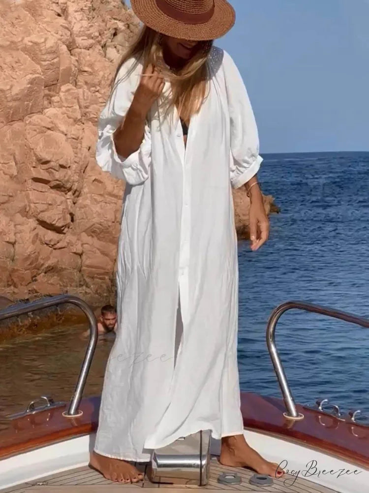 Balloon Sleeve Button Pocketed Graceful Loose Shirt Maxi Dress White / S