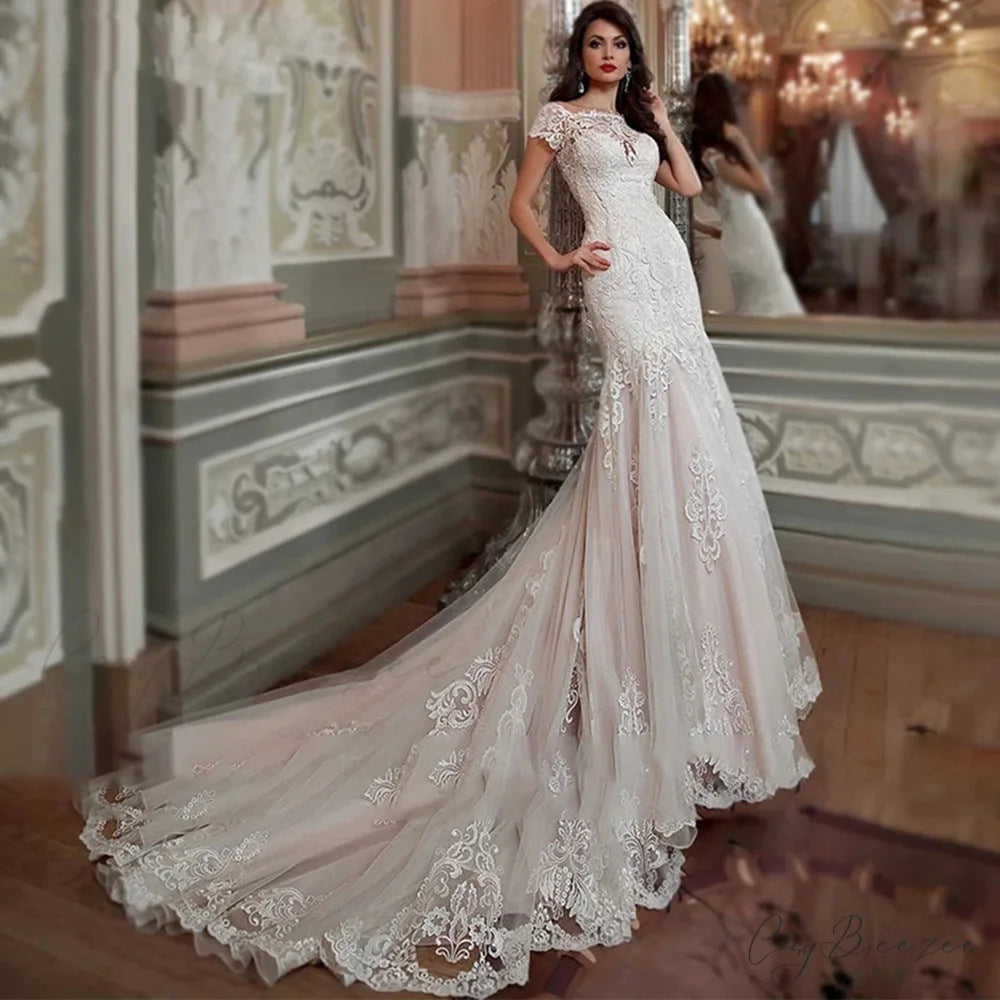 Bare-Shoulder Lace Mermaid Bridal Dress weddingdress-250223