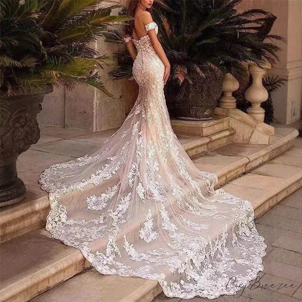 Bare-Shoulder Transparent Tulle Bridal Marriage Dress white / 2 weddingdress-250223