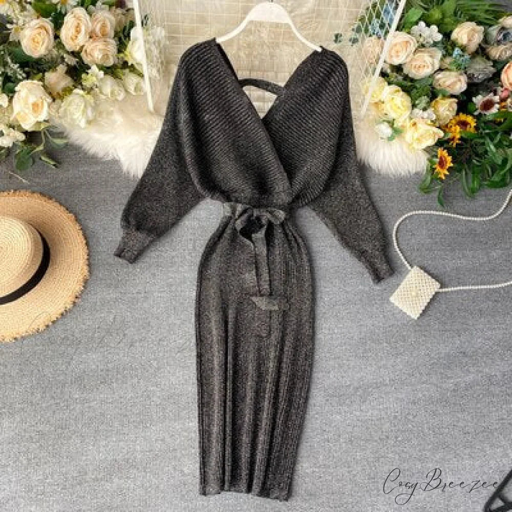 Bat V-Neck Vintage with Sweater Gown Green Knitted Sleeves Black / One Size / China