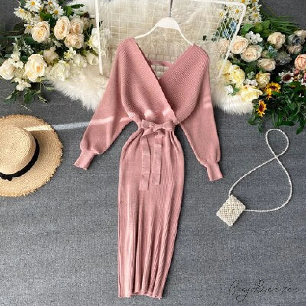 Bat V-Neck Vintage with Sweater Gown Green Knitted Sleeves pink / One Size / China