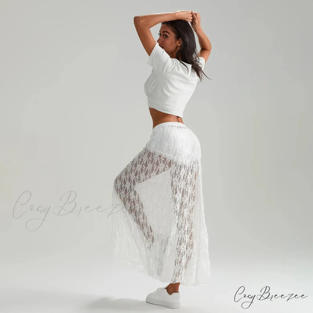 Beachwear Floral Lace Lotus Edge Sheer Long Skirt skirt-250126