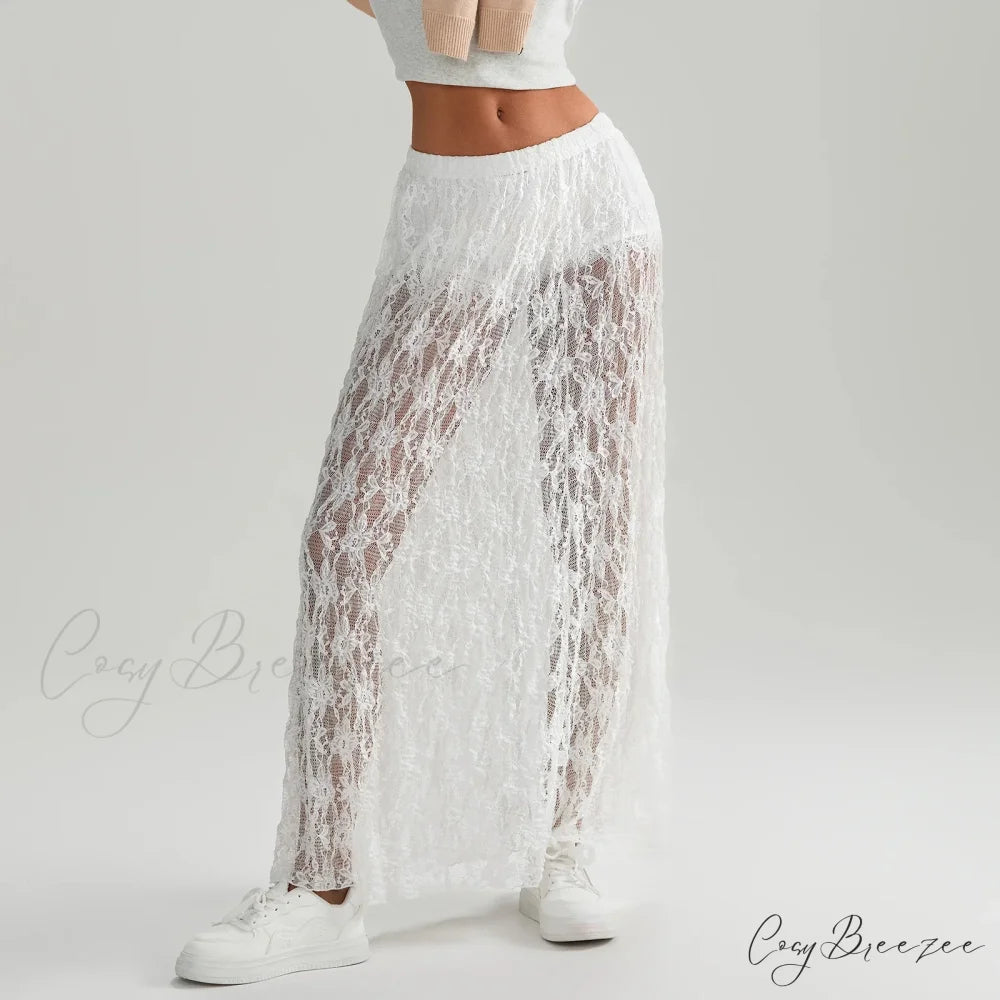 Beachwear Floral Lace Lotus Edge Sheer Long Skirt skirt-250126