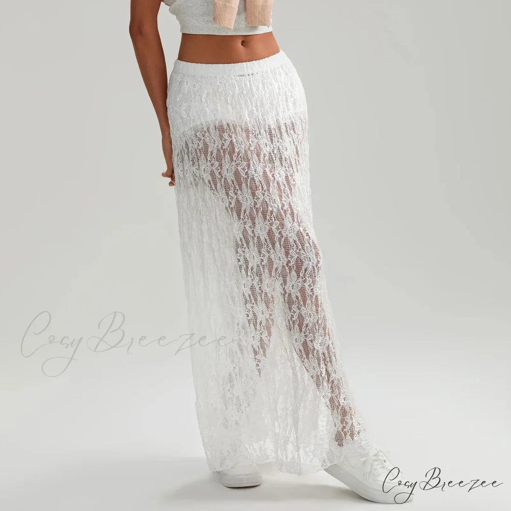 Beachwear Floral Lace Lotus Edge Sheer Long Skirt skirt-250126