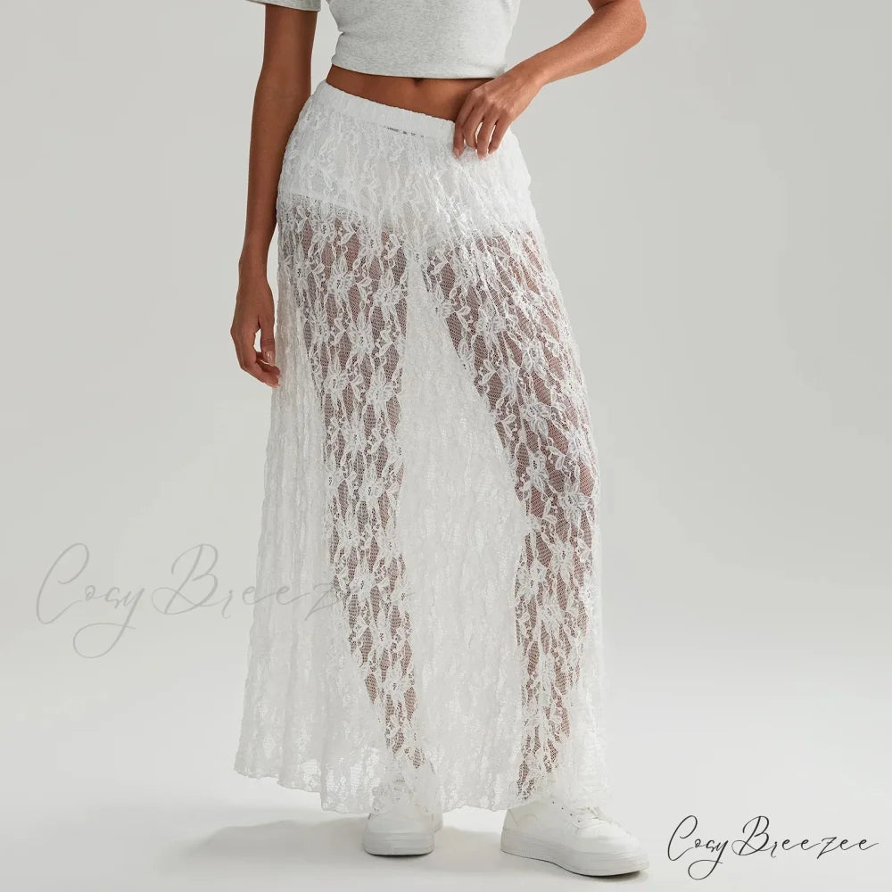 Beachwear Floral Lace Lotus Edge Sheer Long Skirt skirt-250126