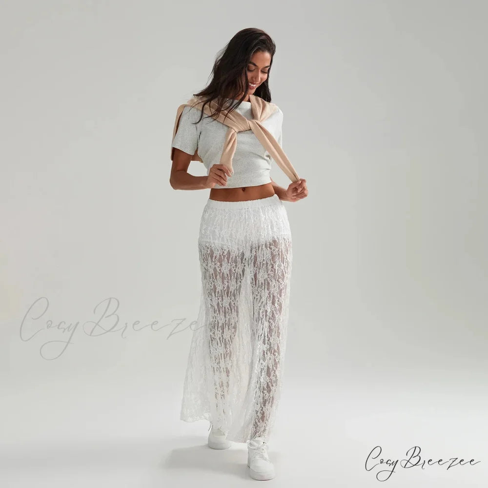 Beachwear Floral Lace Lotus Edge Sheer Long Skirt WHITE / S skirt-250126