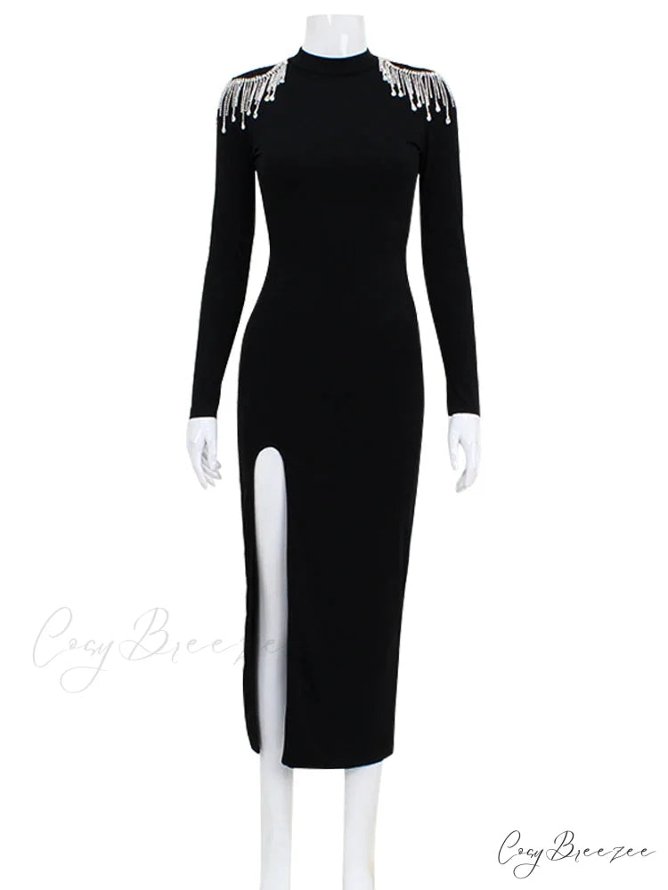 Beading Split Sexy Club Women Dresses Half High Neck Long Sleeve Christmas Party Dress