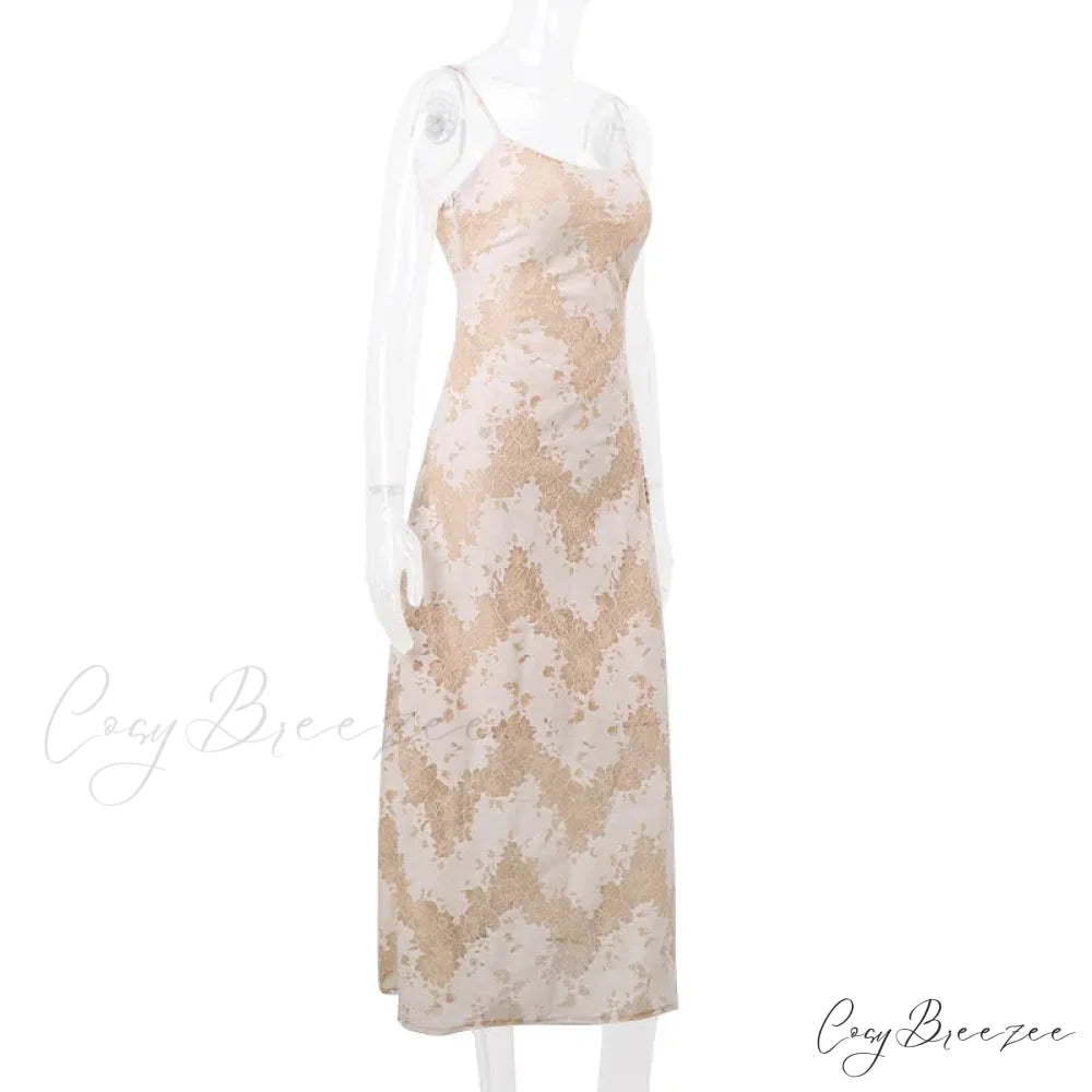 Beige Black Tie Up Graceful Lace Mesh Maxi Dress