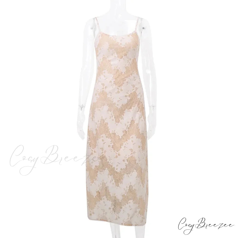 Beige Black Tie Up Graceful Lace Mesh Maxi Dress