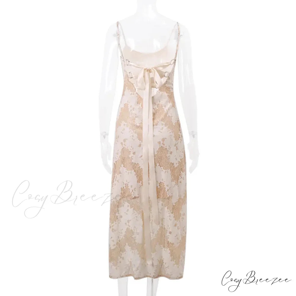 Beige Black Tie Up Graceful Lace Mesh Maxi Dress