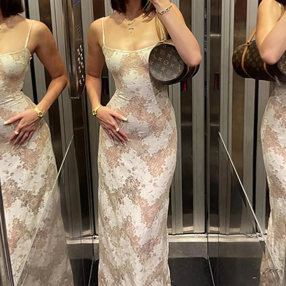 Beige Black Tie Up Graceful Lace Mesh Maxi Dress APRICOT / S