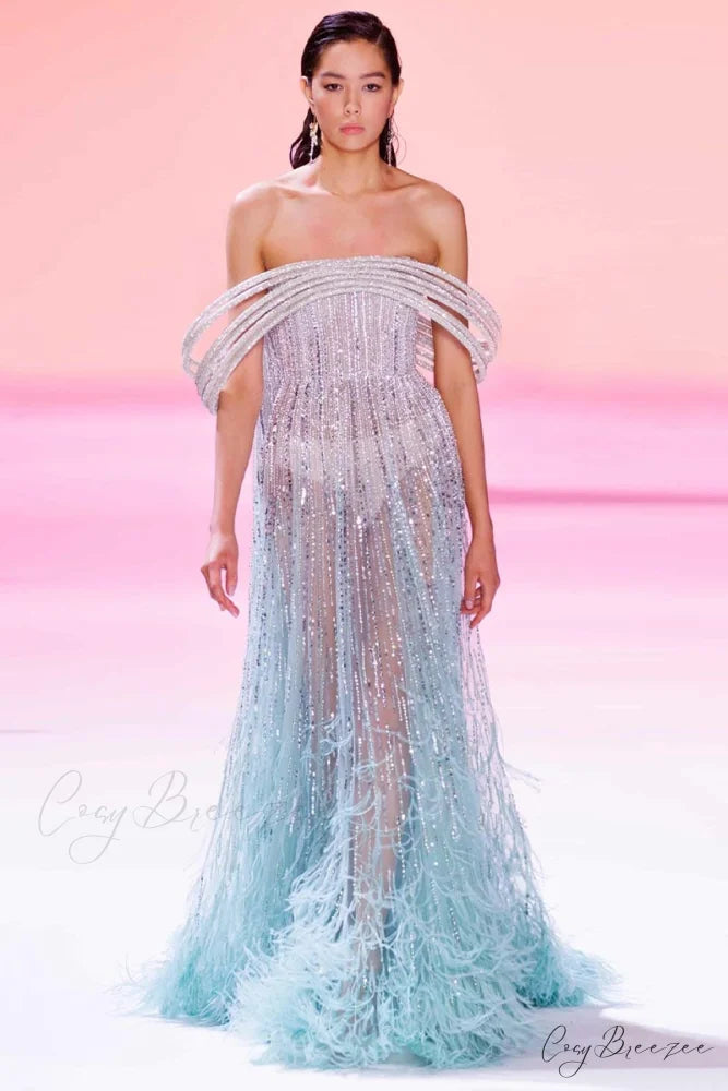 Bella Off-the-Shoulder Graceful Beaded Maxi Dress Aqua / 2