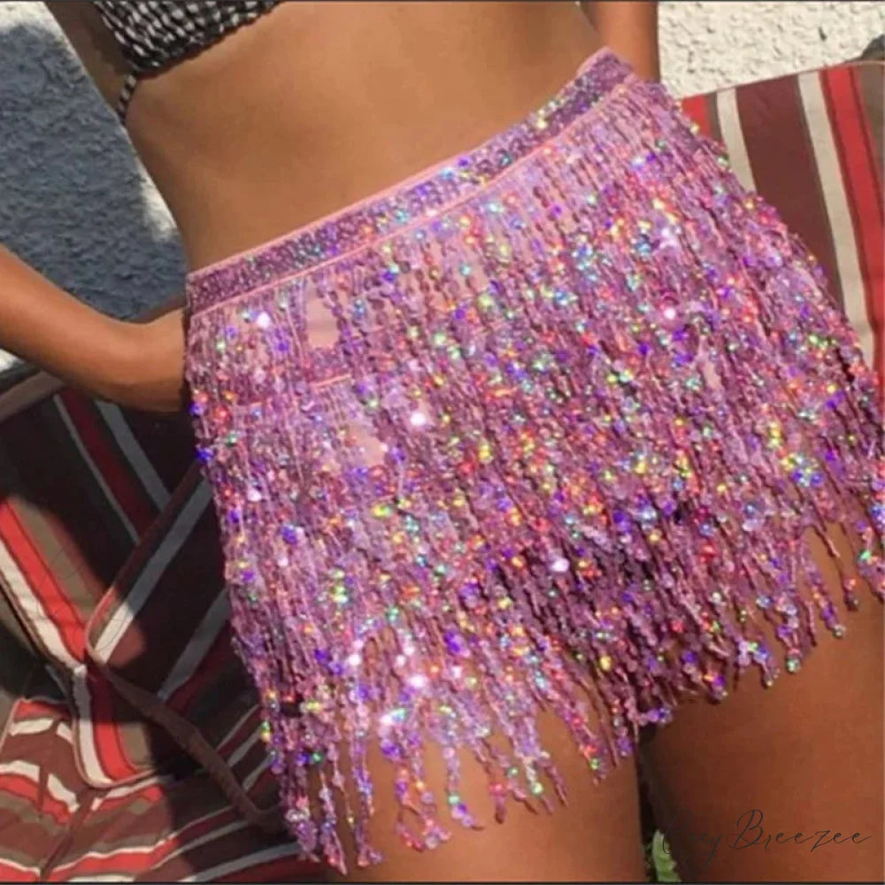 Belly Dance Glitter Sequins Wrap Tassel Skirt Pink / One Size