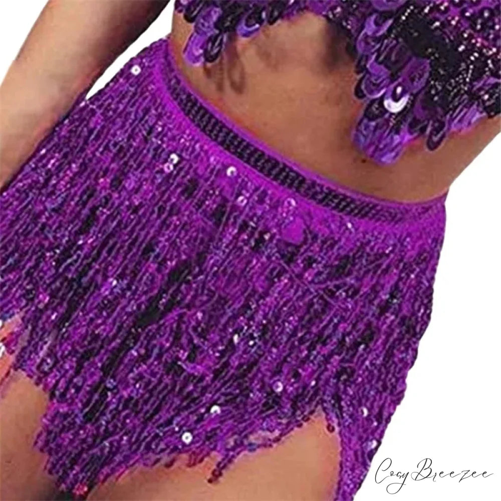 Belly Dance Glitter Sequins Wrap Tassel Skirt PURPLE / One Size