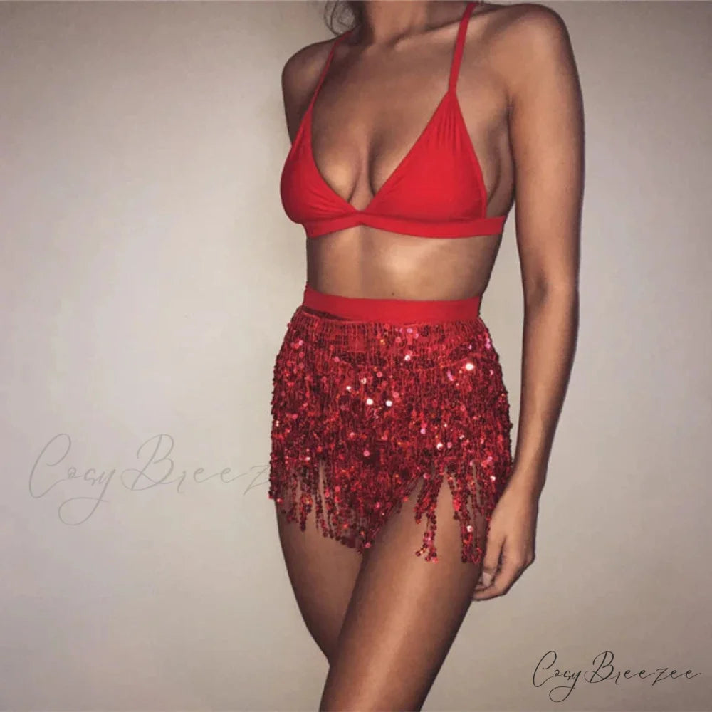 Belly Dance Glitter Sequins Wrap Tassel Skirt Red / One Size