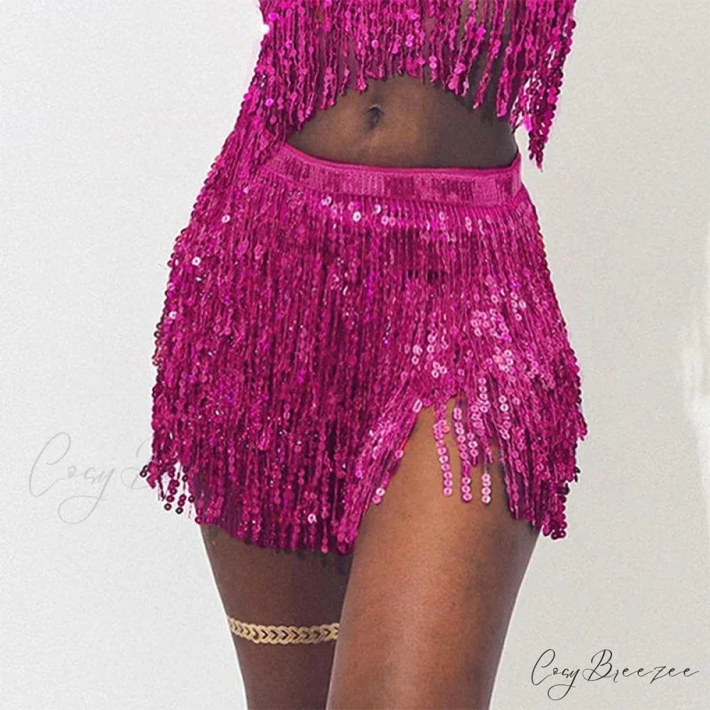 Belly Dance Glitter Sequins Wrap Tassel Skirt Rose Red / One Size