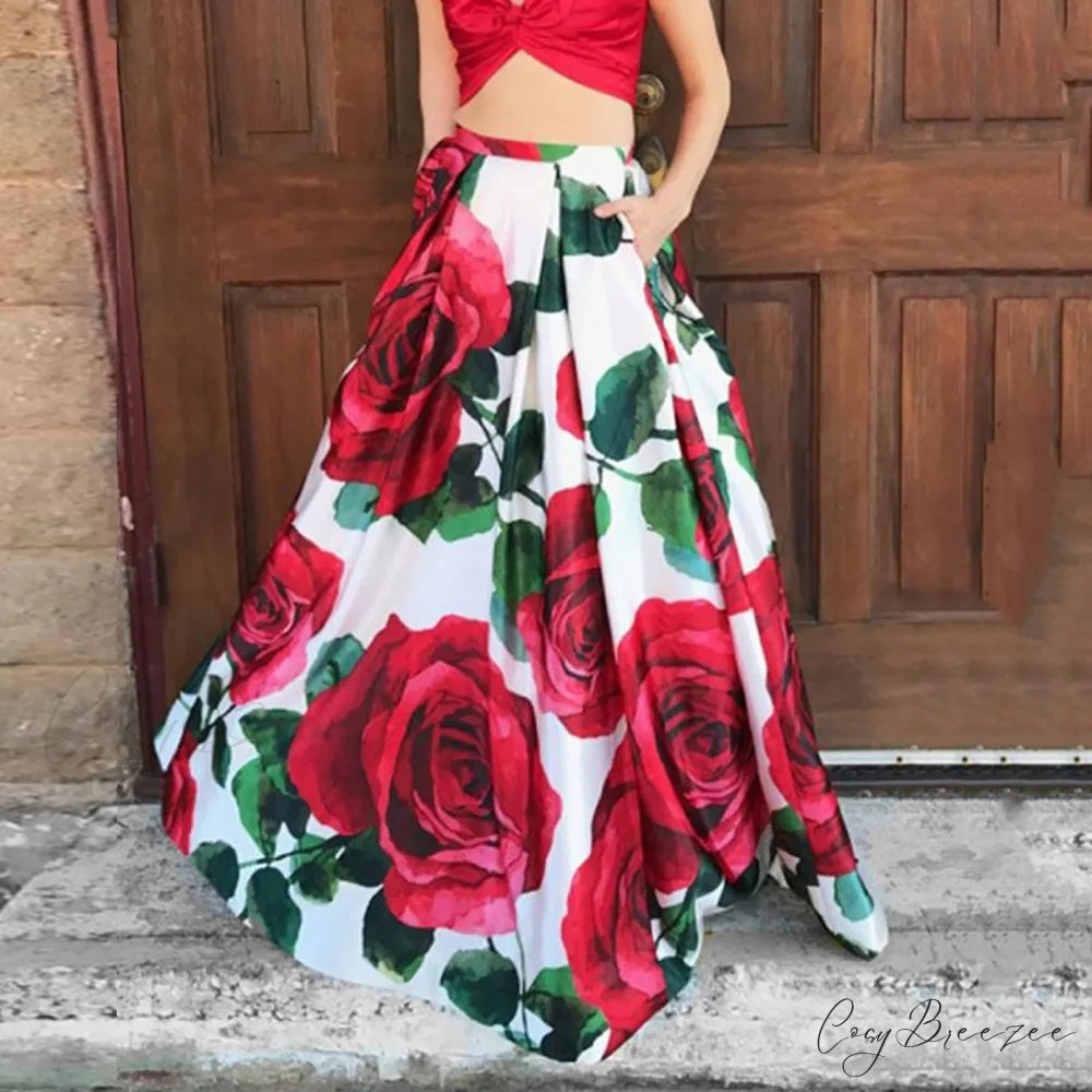 Big Swing Floral Print Long Skirt with Pockets Summer White / S skirt-250126