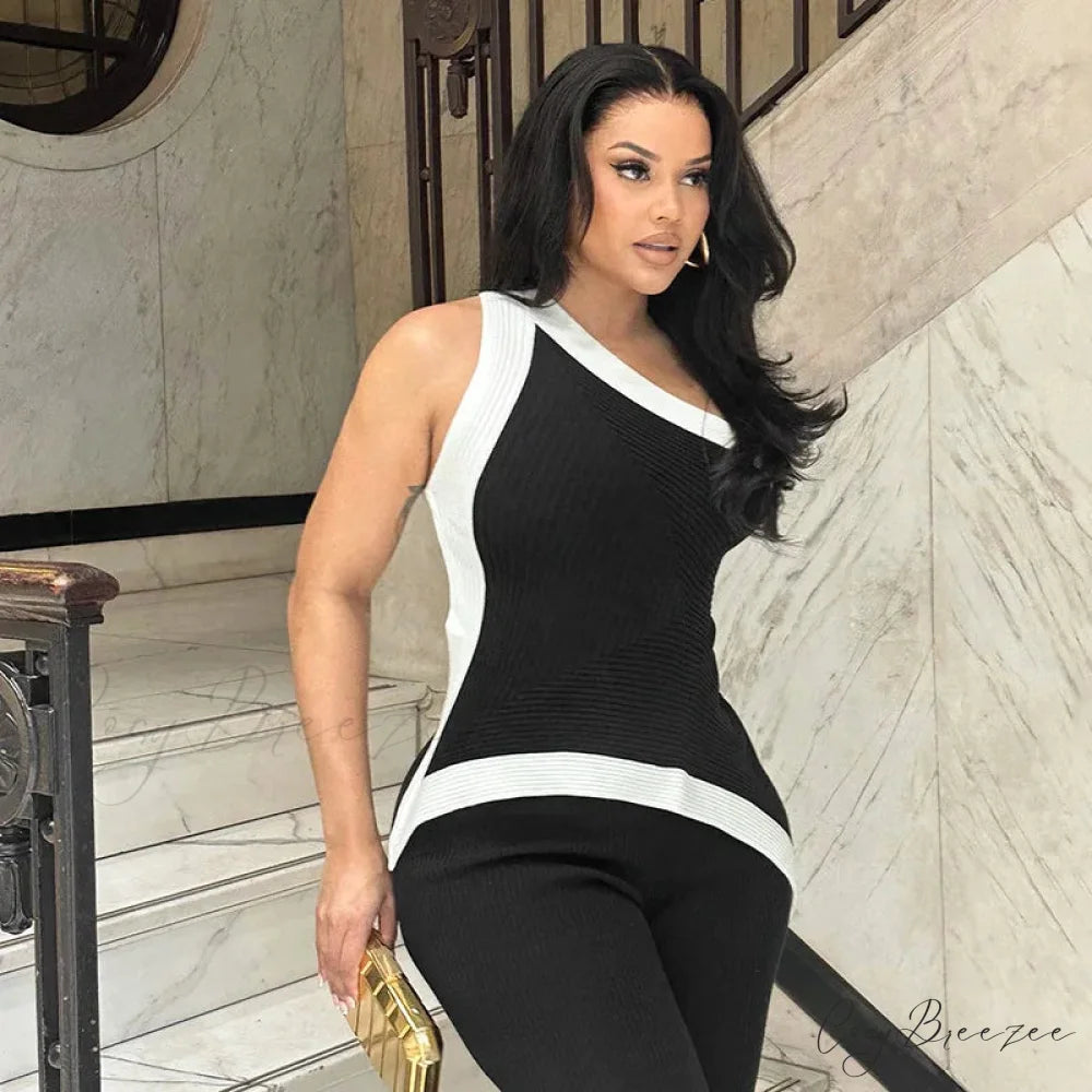 Black and White Colorblock Graceful Asymmetrical One Shoulder Top
