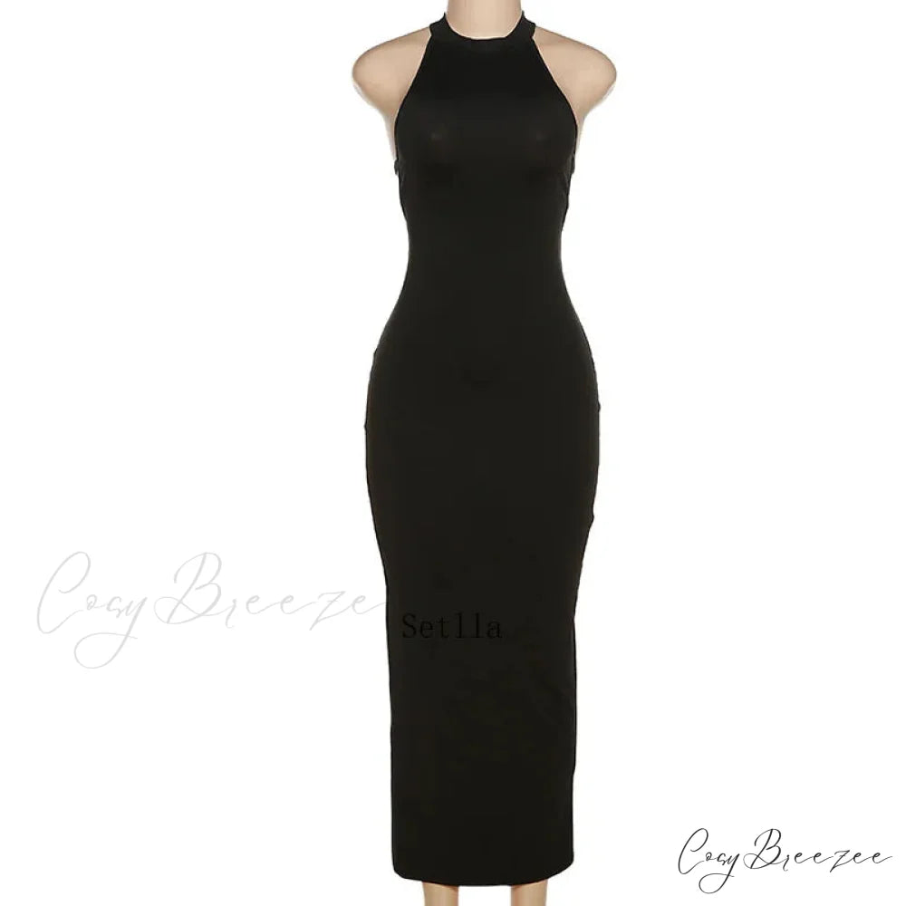 Black Backless Halter Elegant Bandage Maxi Dress