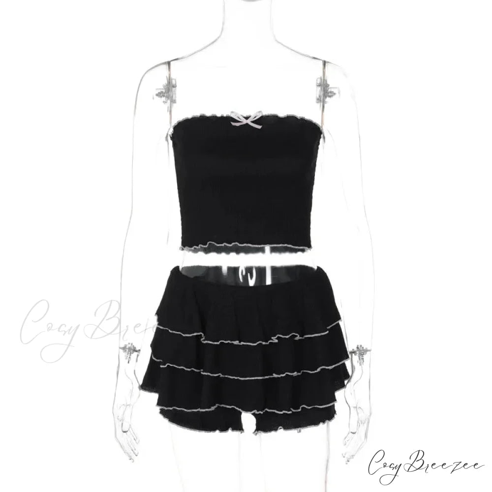 Black Bow Crop Top Graceful Ruffled Mini Skirt Set