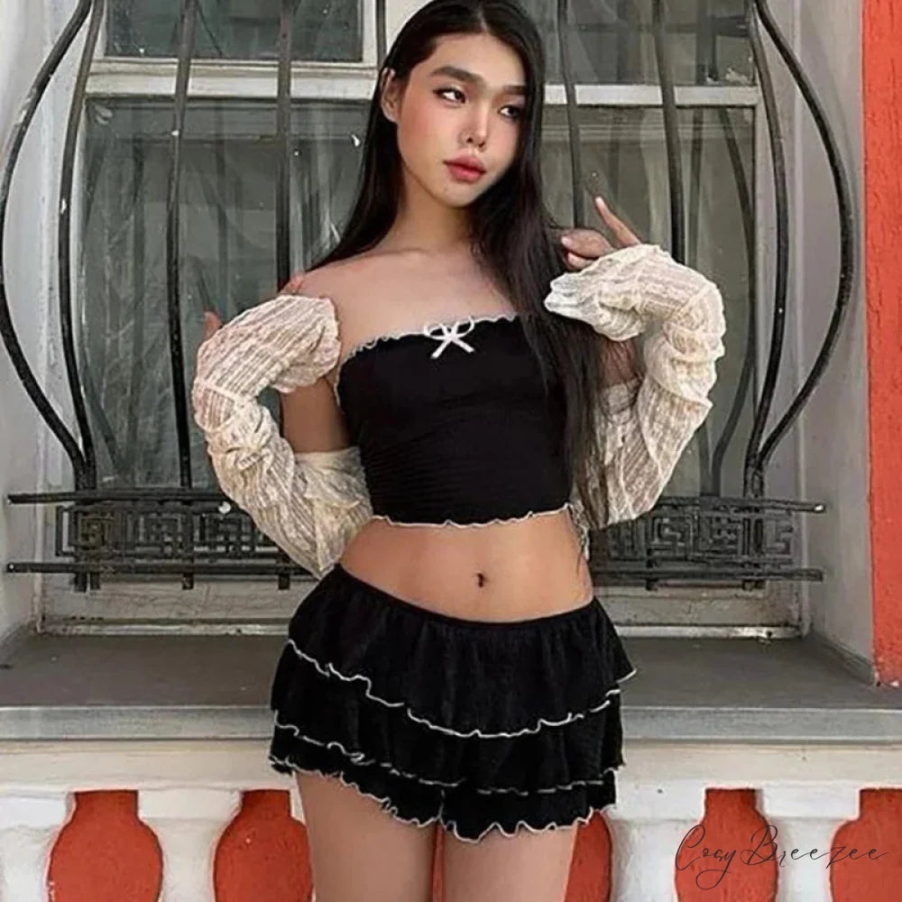 Black Bow Crop Top Graceful Ruffled Mini Skirt Set