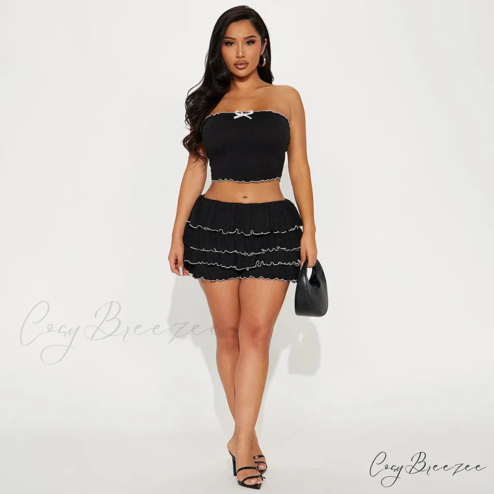 Black Bow Crop Top Graceful Ruffled Mini Skirt Set