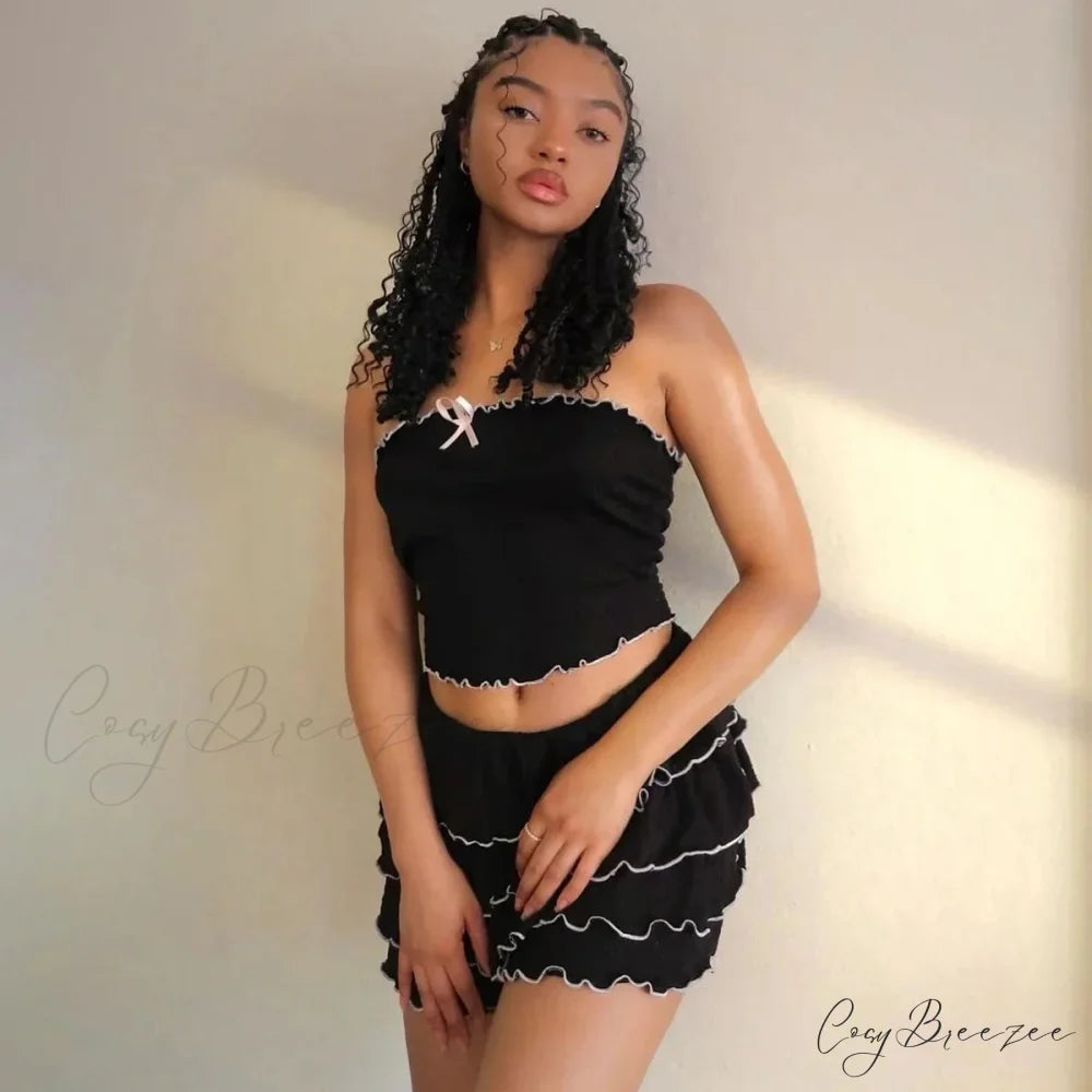 Black Bow Crop Top Graceful Ruffled Mini Skirt Set