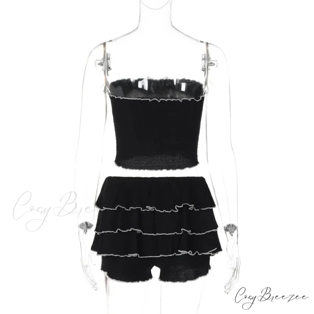 Black Bow Crop Top Graceful Ruffled Mini Skirt Set
