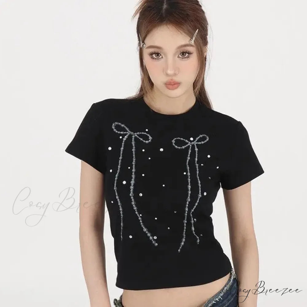 Black Bow Stylish Print Tee Black / S