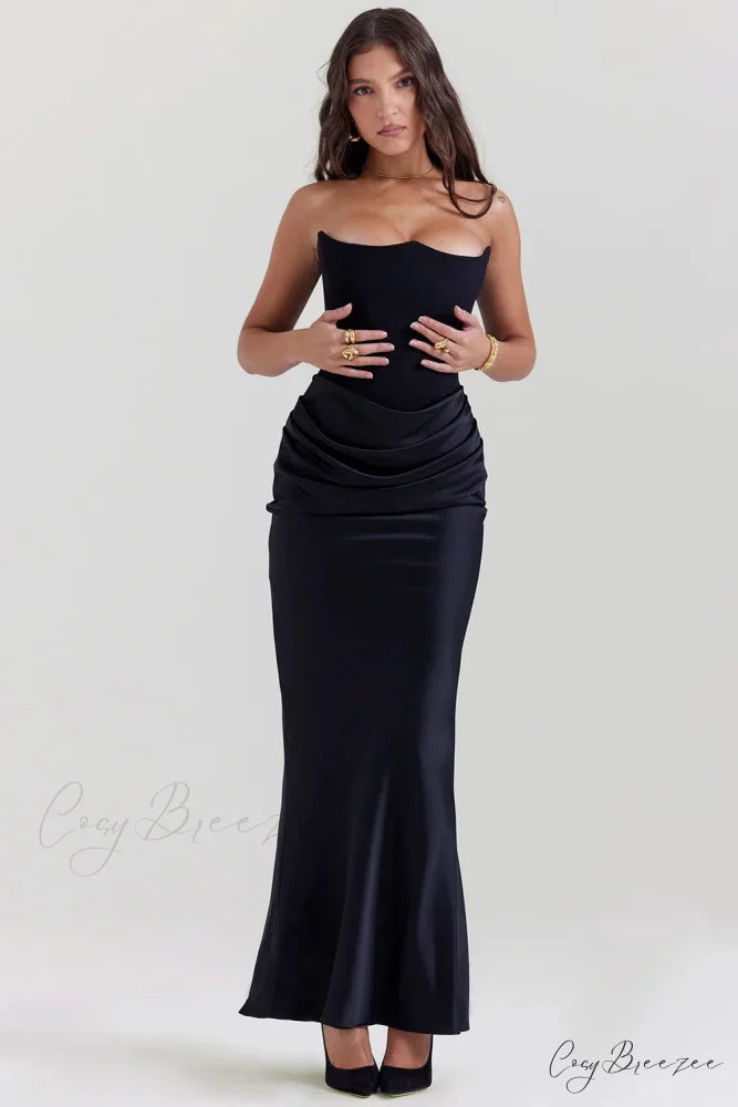 Black Corset Tube Charming Satin Maxi Dress