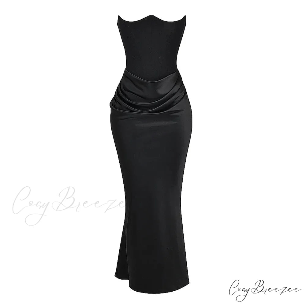 Black Corset Tube Charming Satin Maxi Dress Black / S