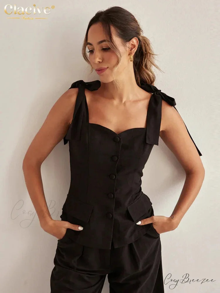 Black Cotton Fitted Sleeveless Work Set officetwopieceset-250223