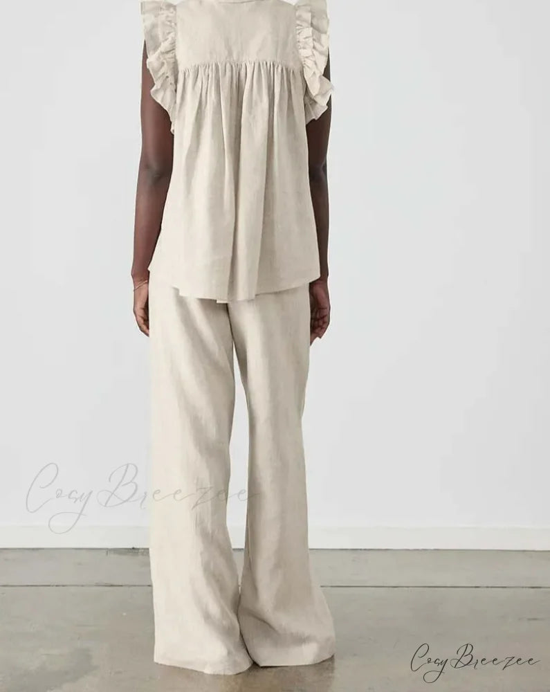 Black Cotton Ruffled Simple Trousers Office Set Beige / S officetwopieceset-250223