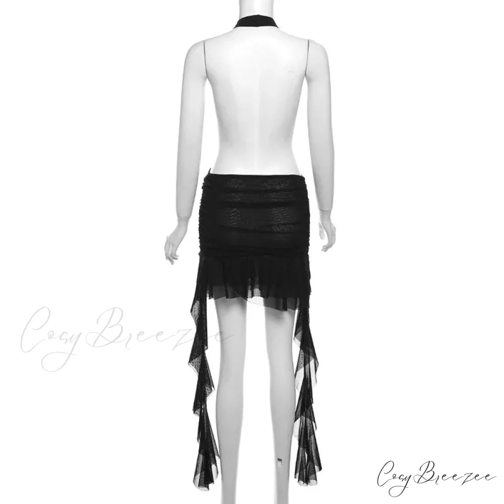 Black Deep Neck Charming Mesh Fringe Mini Dress