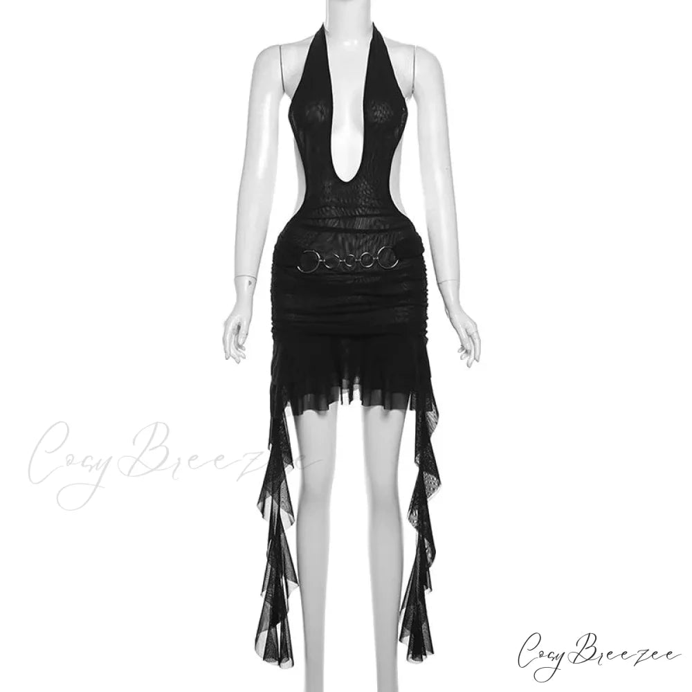 Black Deep Neck Charming Mesh Fringe Mini Dress
