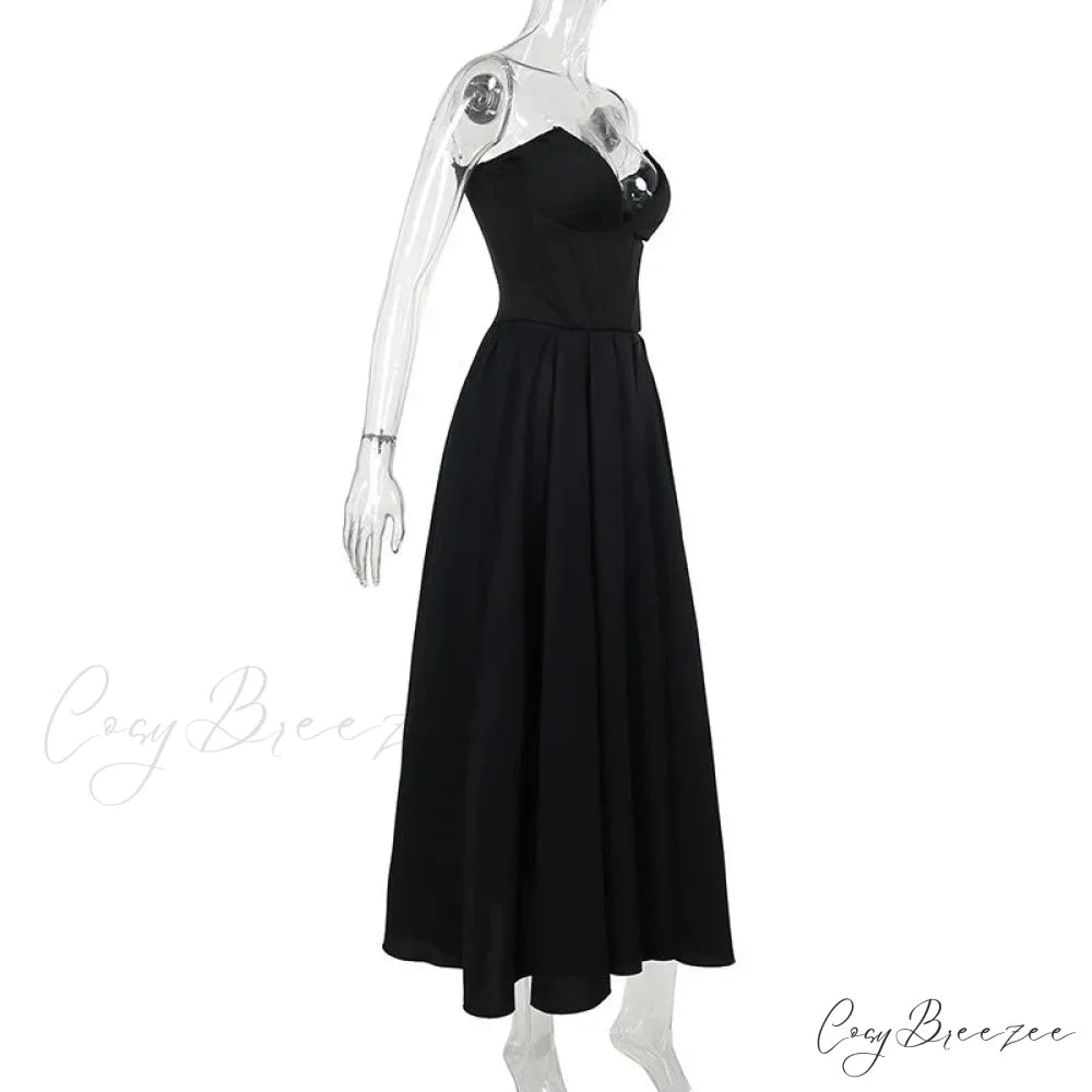 Black Deep Neck Charming Strapless Frill Midi Dress